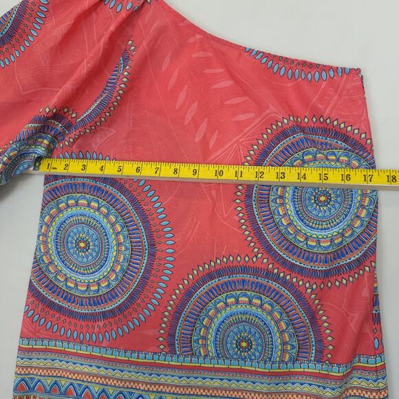 Hello Miss Short Dress One Shoulder Pattern Women S Coral MultiColor Blue Beachy - Picture 6 of 8